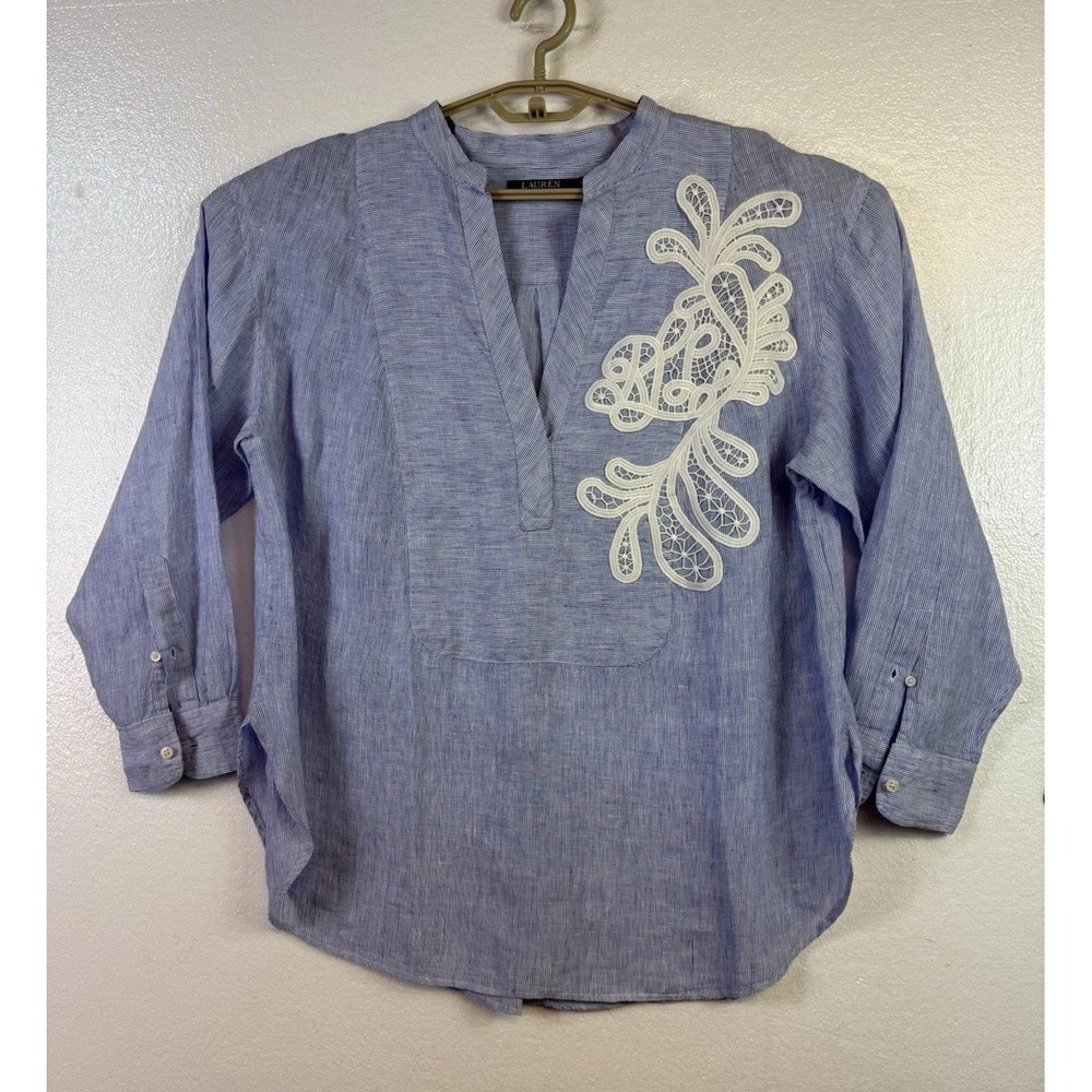 Ralph Lauren Women's 100% Linen Shirt Sz 1X Lagenlook Coastal Blue Pinstripe